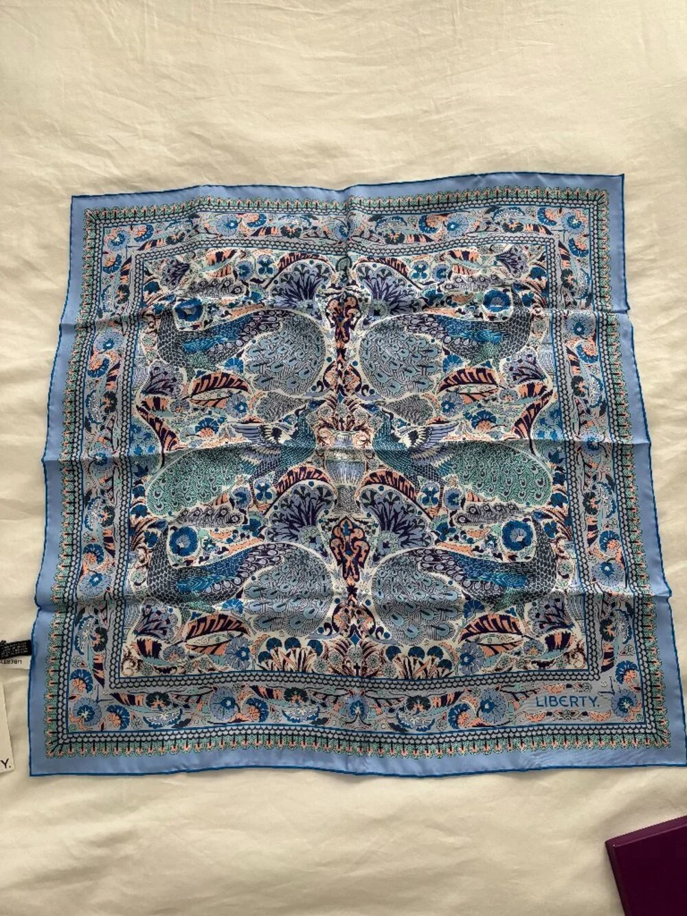 Liberty London Blue Silk Scarf Adorned with Peacocks - Never Worn